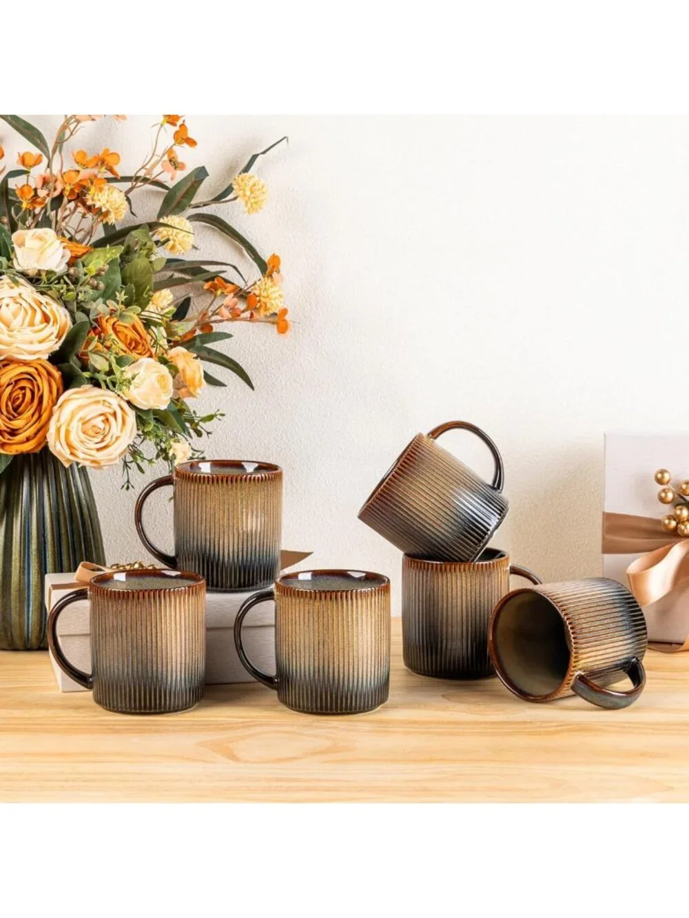 Handmade Ceramic Coffee Mugs Set of 6 | 14.2oz Cups for Latte, Tea, Hot Cocoa